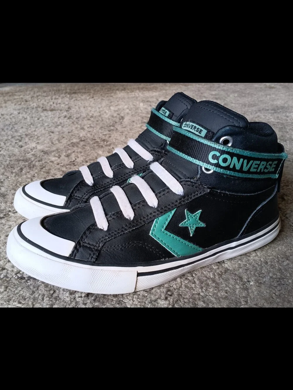 🖤 Converse Star Player Mid Leather Youth Kids Boys 3 Black Teal Sneakers Shoes